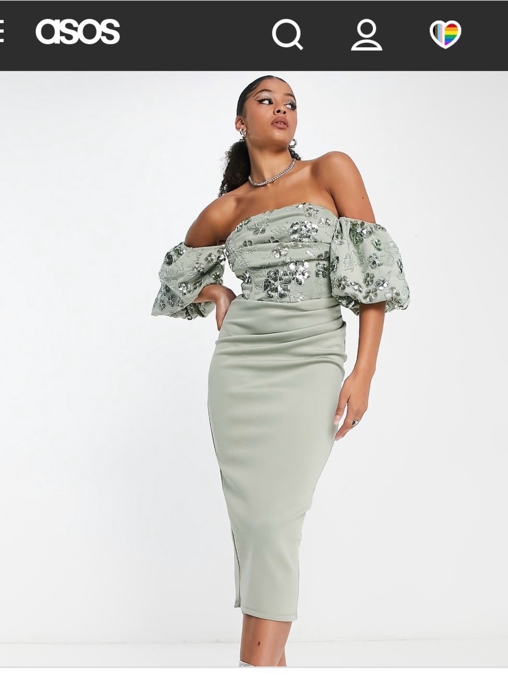ASOS Sage Green Off-Shoulder Sequin Puff Sleeve Midi Dress